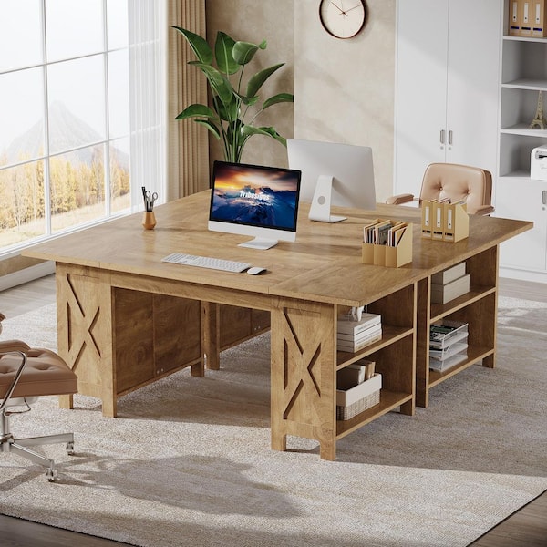 BYBLIGHT Moronia 63 in. Rectangle Brown Wood Computer Desk Office Executive Desk with 2 Dual-tier Storage Shelves