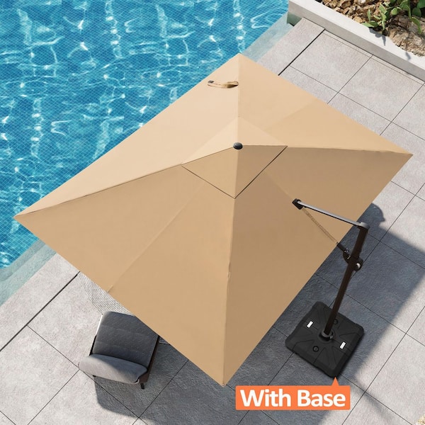 9 ft. x 12 ft. Aluminum Cantilever Patio Umbrella Swivel Offset 360° Rotation Umbrella in Tan with Stand Base