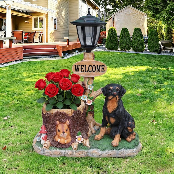 VAMOP Large Brown Resin Rottweiler Dog Family Garden Planter
