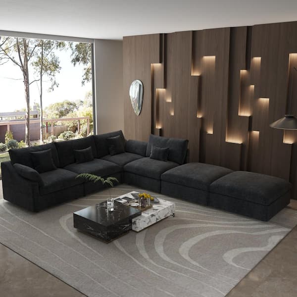 6-Piece Sectional Sofa 155.9 in. Linen Modular Free Combinable Deep Seat Couch with Ottoman Living Room Set in Black