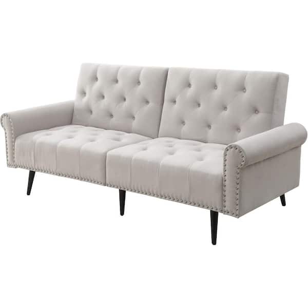 HomeRoots Amelia 82-in Rolled Arm Velvet Rectangle Sofa in Beige