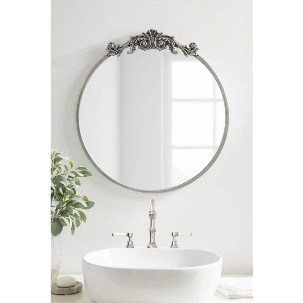 Arendahl 24" Round Silver Wood Vanity Mirror with Baroque Crown