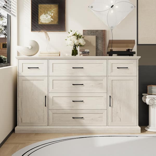 FUFU&GAGA Beige Wooden Grain 37.2 in. H Accent Cabinet, Office Storage Cabinet, Sideborad with 4-Shelves, 2-Doors and 6-Drawers