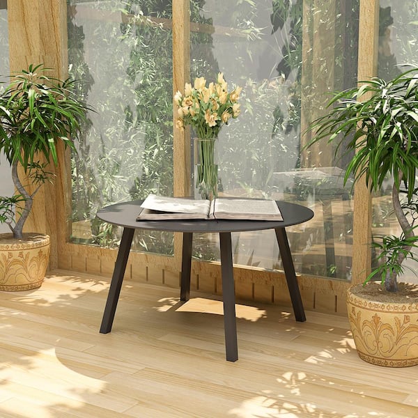BANSA ROSE Black Round Outdoor Coffee Table, Weather Resistant Metal Large Side Table for Balcony, Porch, Deck, Poolside