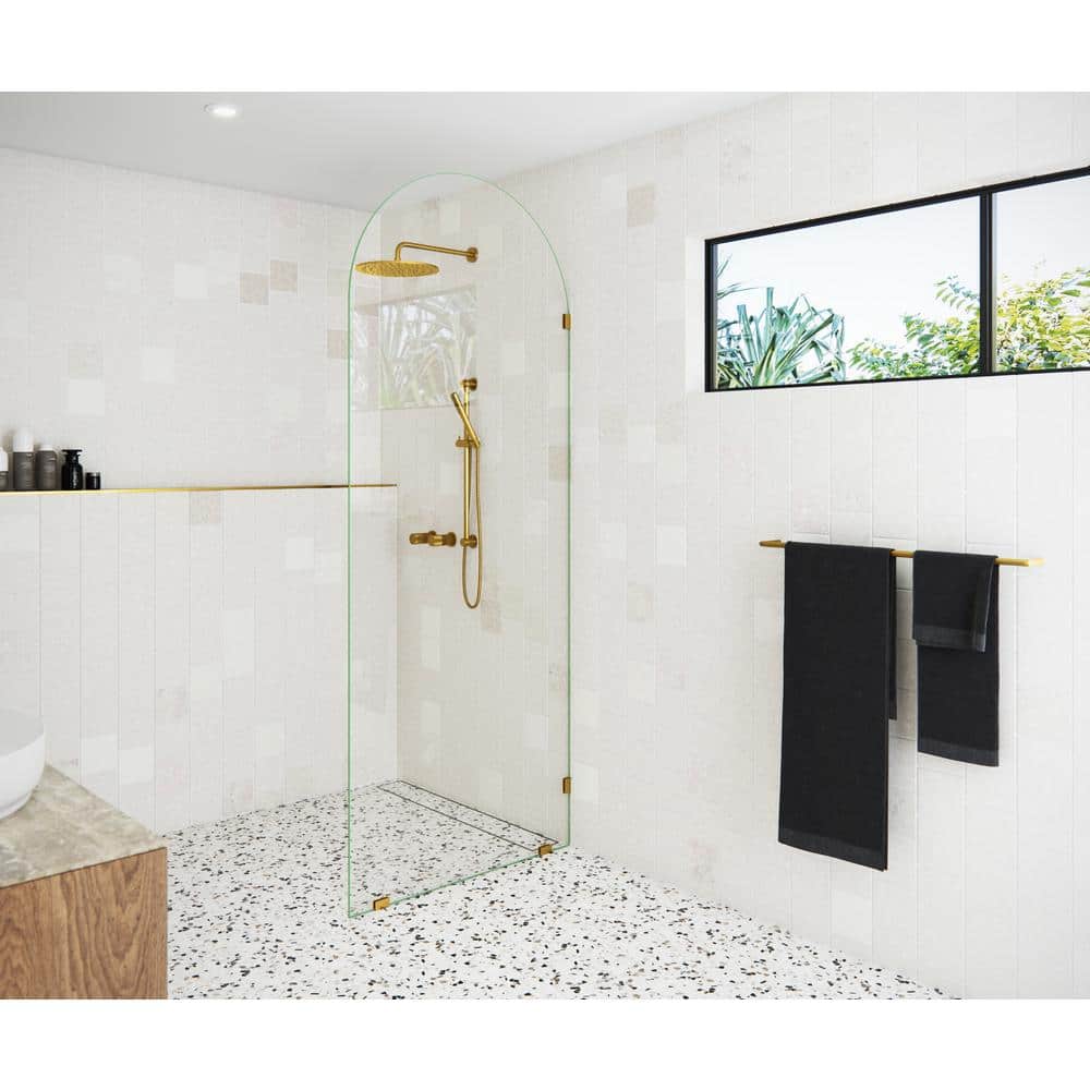 Venus 34 in. Satin Brass Frameless Arched Fixed Shower Panel