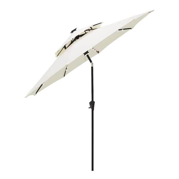 FLAME&SHADE 9 ft. Double Top Aluminum Market Solar Lighted Tilt Patio Umbrella with LED in Ivory Solution Dyed Polyester