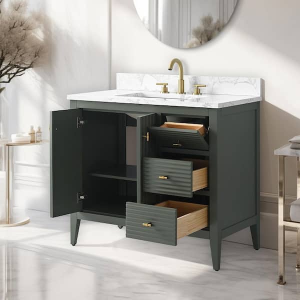 36 in. W x 22 in D x 38 in. H Single Sink Bath Vanity Cabinet in Linear Vintage Green with White Engineered Marble Top