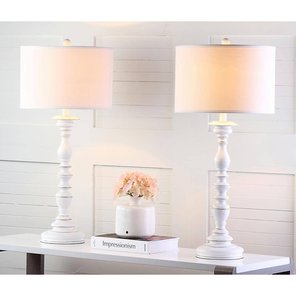 Elegant French White Candlestick Table Lamp Set in Cream
