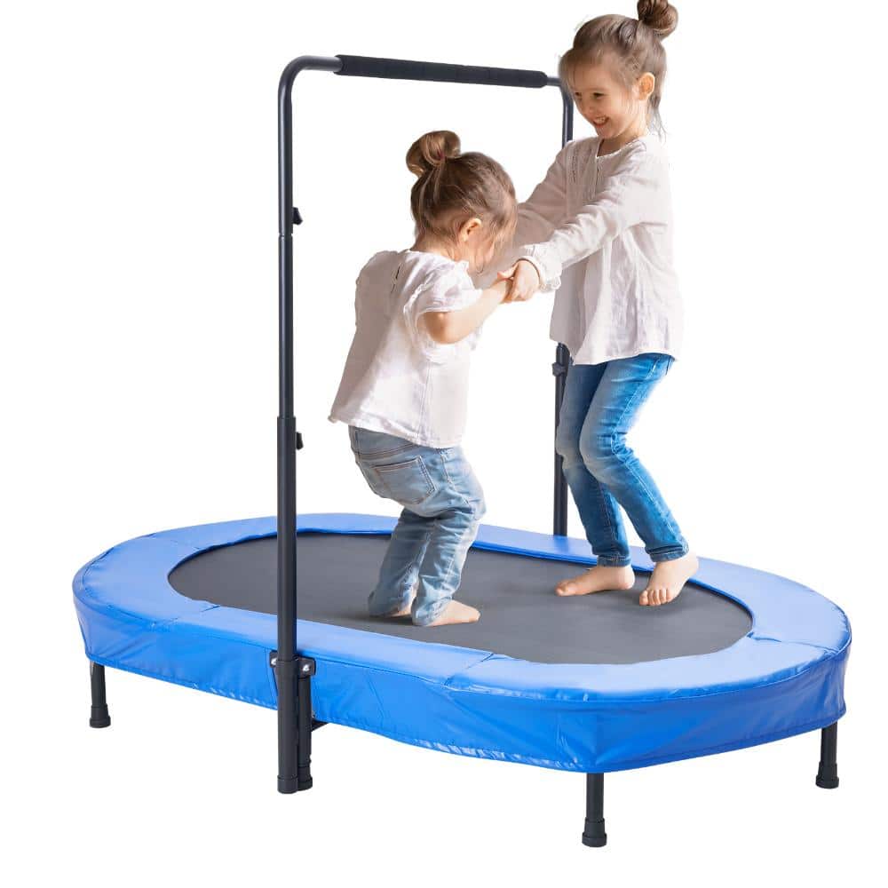 Foldable Kids Trampoline Folding to One-Third, 56 x 36 in. Oval Toddler Trampoline with Handle, Blue