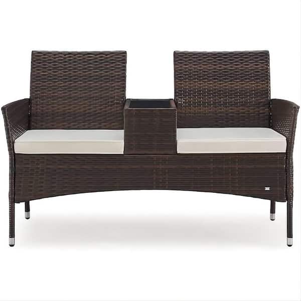 Afoxsos Brown Hand-Made Rattan Patio Conversation Chair Sofa Outdoor/Indoor with White Padded Cushion Outdoor loveseat