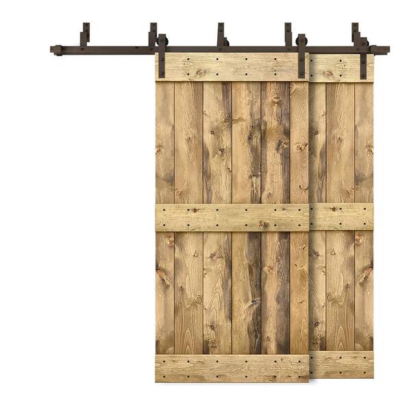 CALHOME 76 in. x 84 in. Mid-Bar Bypass Weather Oak Stained Solid Pine Wood Interior Double Sliding Barn Door with Hardware Kit