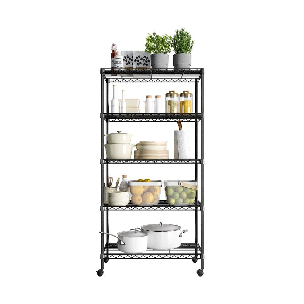 5-Tier Black Steel Wire Shelving Unit with Adjustable Shelves