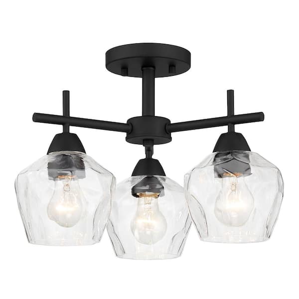 Camrin 16 in. 3-Light Black Semi-Flush Mount to Chandelier with Clear Glass Shades