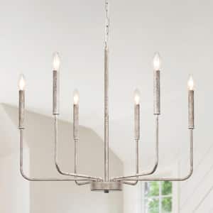 6-Light Rusty White Classic Farmhouse Candle Style Chandelier for Living Room with No Bulbs Included
