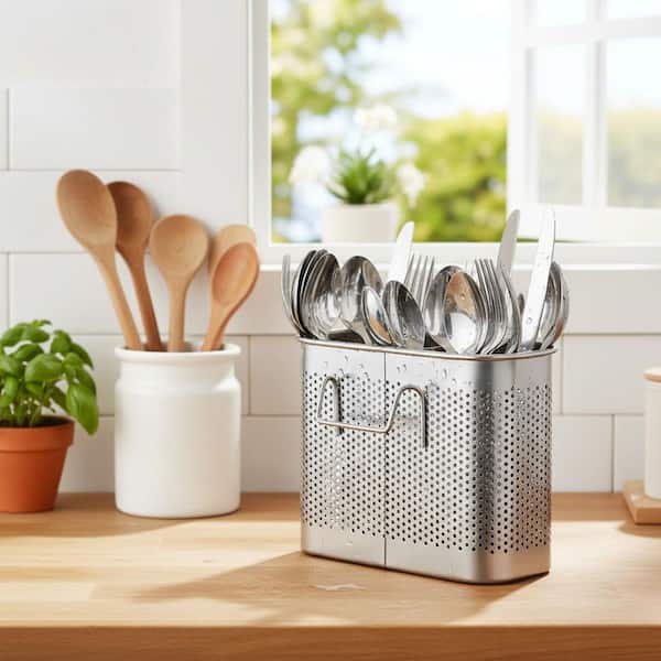 Brushed Finish 304 Stainless Steel Utensil Drainer Dual Compartment Cutlery Holder with Hooks Anti-Rust Sink Organizer