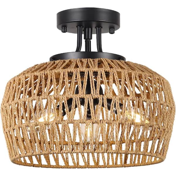 Staykiwi 13 in. 3-Light Black Modern Semi-Flush Mount with Hand-Woven Natural Rattan Shade and No Bulbs Included