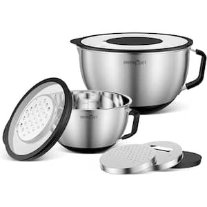 Stainless Steel Mixing Bowl Set 5-Piece with Pour Spout, Grater Attachments, Measurement Marks & Lid