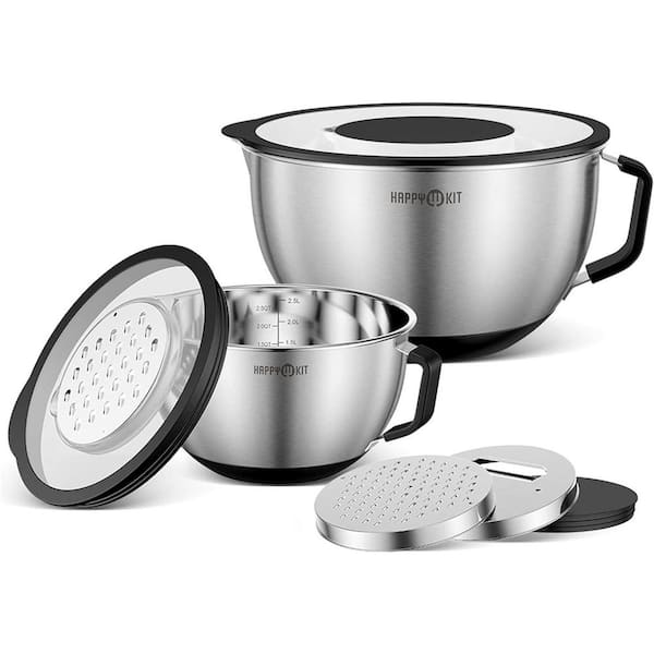 Adrinfly Stainless Steel Mixing Bowl Set 5-Piece with Pour Spout, Grater Attachments, Measurement Marks and Lid