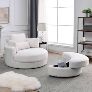 51 in. Modern Teddy Swivel Accent Barrel Sofa Lounge Leisure Club Chair with Half Moon Storage Ottoman and Pillows,White