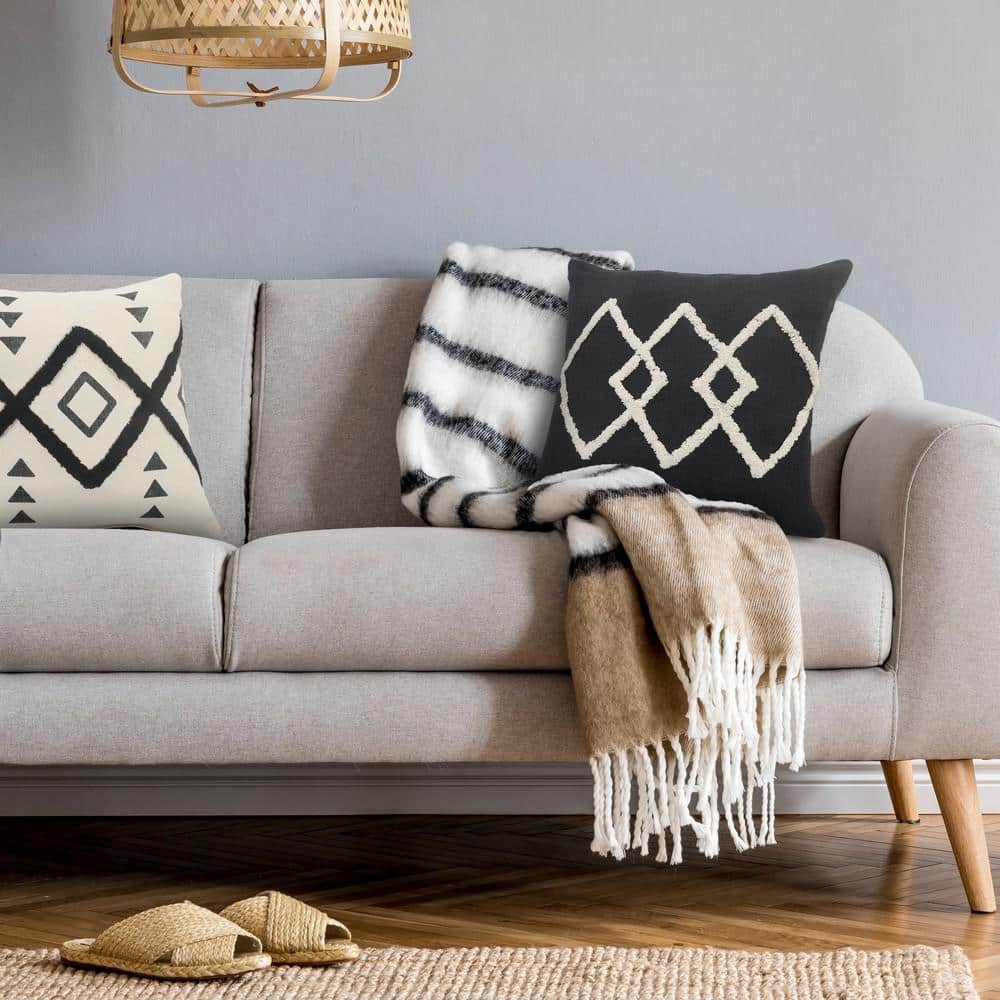 Black and White Tufted Diamond Geometric Throw Pillow, 20" x 20"