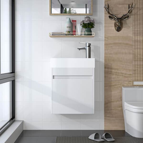 FUNKOL 18 in. W x 10 in D. x 22.83 in. H White Straight Grain Bath Vanity With White Gel Basin Top