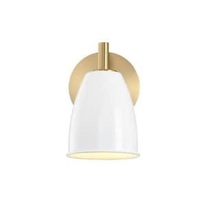 Biba 5.25 in. 1-Light Brushed Gold Modern Wall Sconce with Ice Mist Metal Shade