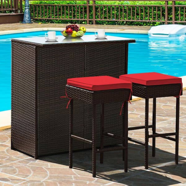 Gtnali 3-Piece Rattan Wicker Outdoor Serving Bar Set with 2-Red Cushions