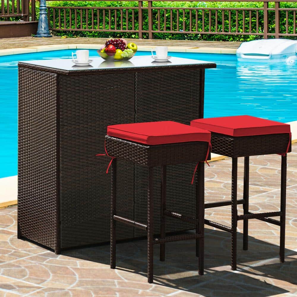 3-Piece Rattan Wicker Outdoor Serving Bar Set with 2-Red Cushions