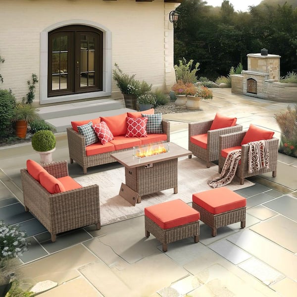 EDYO LIVING 7-Piece Wicker Outdoor Patio Conversation Set with Orange Cushions and 55000 BTU Propane Fire Pit Table