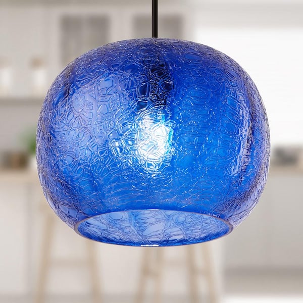 Lily 25-Watt 1-Light Black Globe Pendant with Colored Blue Blown Glass Shade