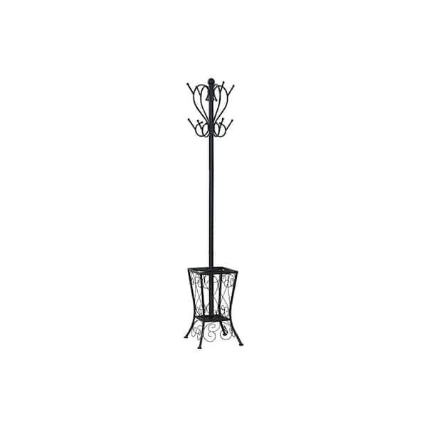 High-end Finish Black Metal Hall Tree with 8 Hooks, 2-Tier Design, Base Umbrella Holder and Elegant Scroll Design
