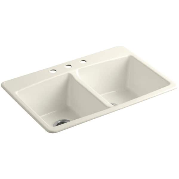 KOHLER Brookfield Drop-In Cast-Iron 33 in. 3-Hole Double Bowl Kitchen Sink in Biscuit