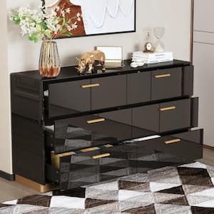 Black High Gloss Mirrored 55.1 in. W Dresser Storage Organizer with 6 Mirrored Drawers 15.7 in. D x 31.5 in. H