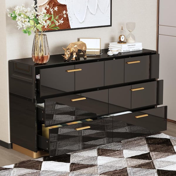FUFU&GAGA Black High Gloss Mirrored 55.1 in. W Dresser Storage Organizer with 6 Mirrored Drawers 15.7 in. D x 31.5 in. H