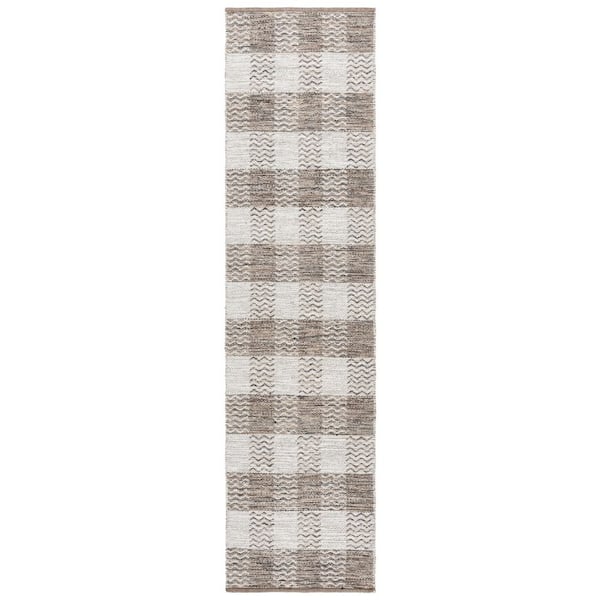 Kilim 2 ft. x 7 ft. Light Gray/Brown Plaid Runner Rug