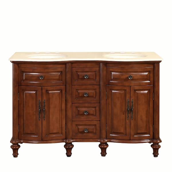 Silkroad Exclusive 55 in. W x 22 in. D Vanity in American Chestnut with Marble Vanity Top in Crema Marfil with Ivory Basin