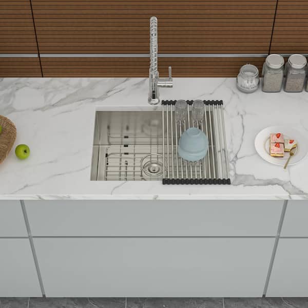 Unbranded 21 in. Undermount Single Bowl 18 Gauge Brushed Nickel Stainless Steel Kitchen Sink with Bottom Grids
