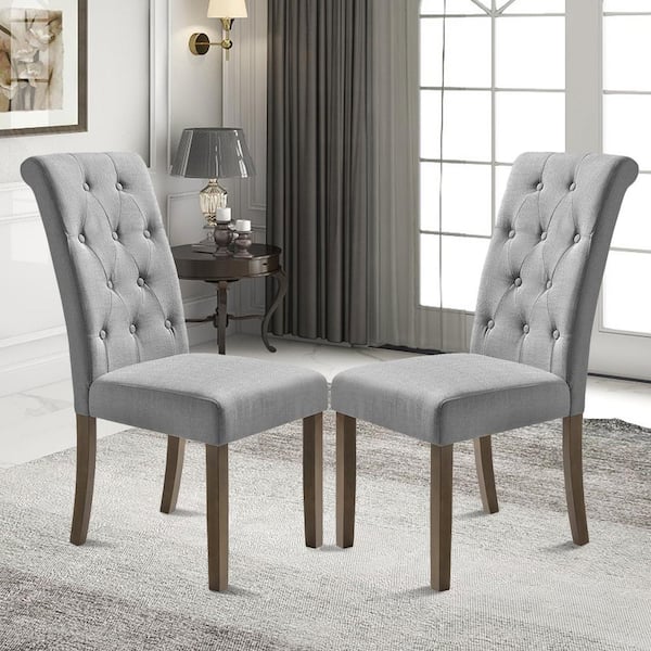 ANBAZAR Aristocratic Style Gray Wood Side Chair, Dining Chair Set of 2, Linen Upholstered Chair with Rubber Wood Legs