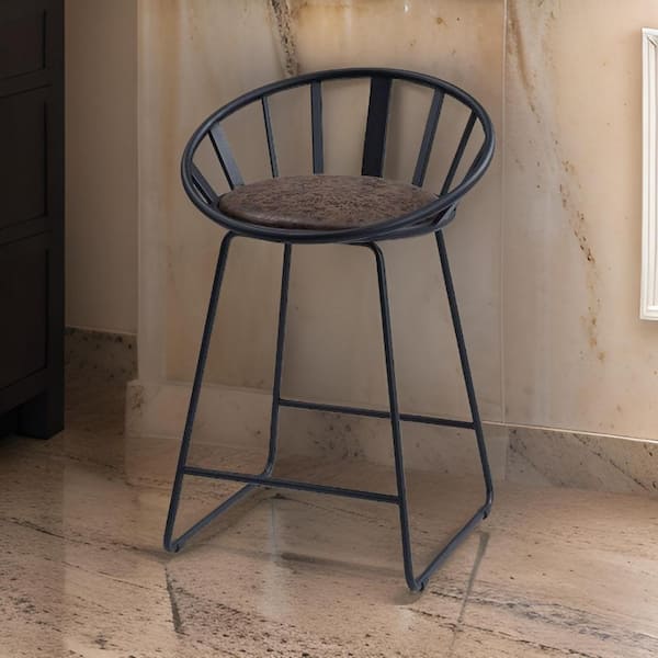 Benjara 23 in. Brown and Black Low Back Metal Frame Bar Stool with Faux Leather Seat (Set of 2)
