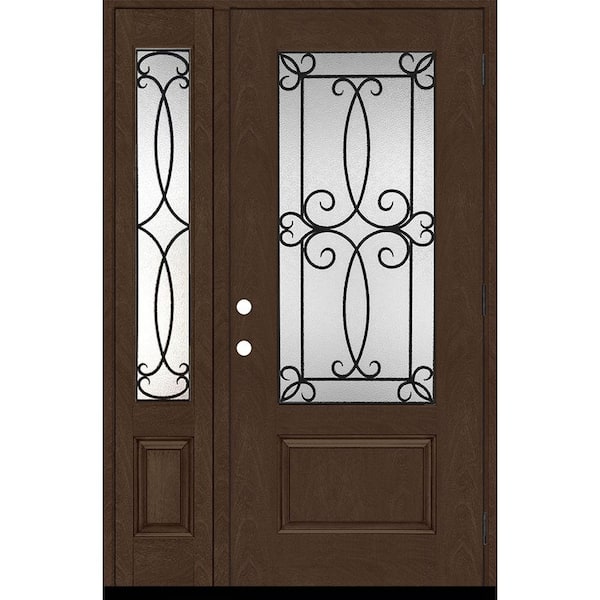 Steves & Sons Regency 53 in. x 80 in. 3/4-Lite Georgian Decorative Glass LHOS Hickory Mahogany Fiberglass Prehung Front Door 14 in. SL