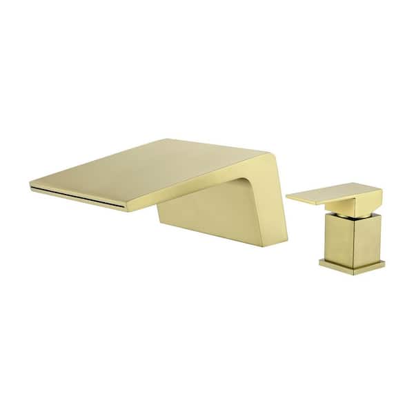 Arc Waterfall Single Handle Double Hole Bathroom Faucet in Brushed Gold