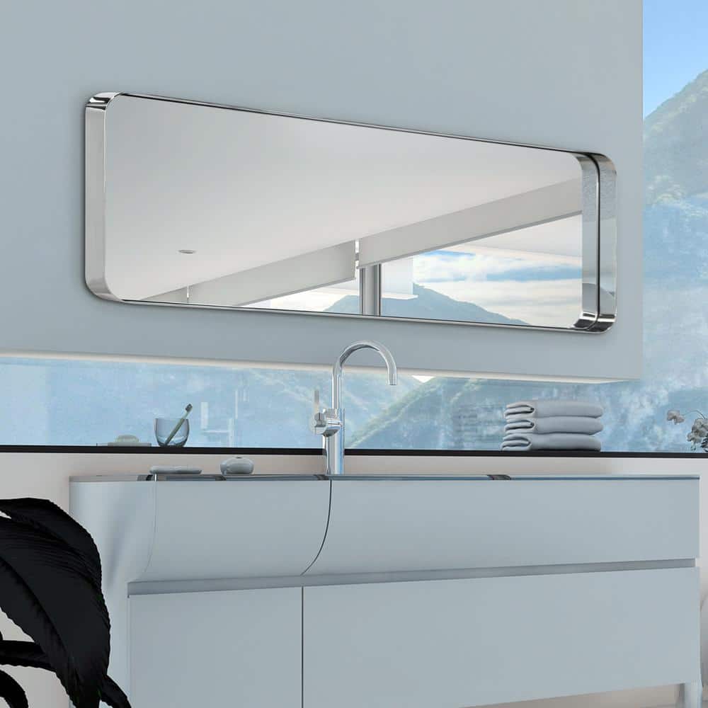Sleek 48"x18" Polished Silver Stainless Steel Rectangular Wall Mirror