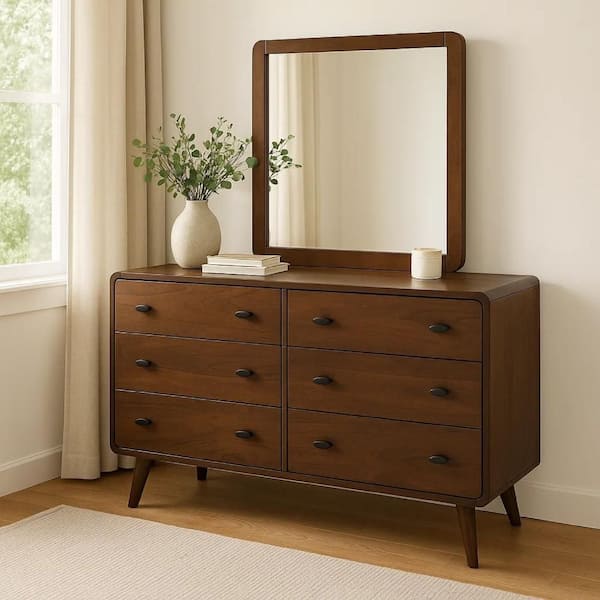 Ryb Walnut Brown and Black 6-Drawer 17 in. Dresser with Mirror