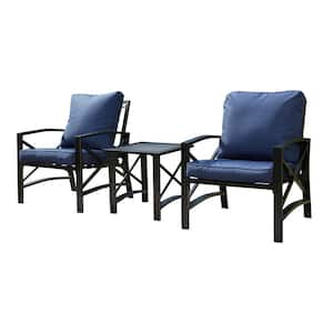 3-Piece Metal Patio Deep Seating Set with Blue Cushions