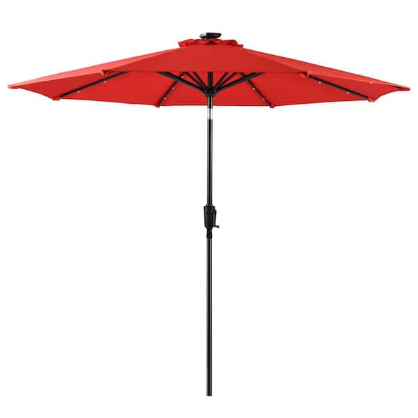 Sun-Ray 9 ft. 8-Rib Round Solar Lighted Market Patio Umbrella in Ruby Red