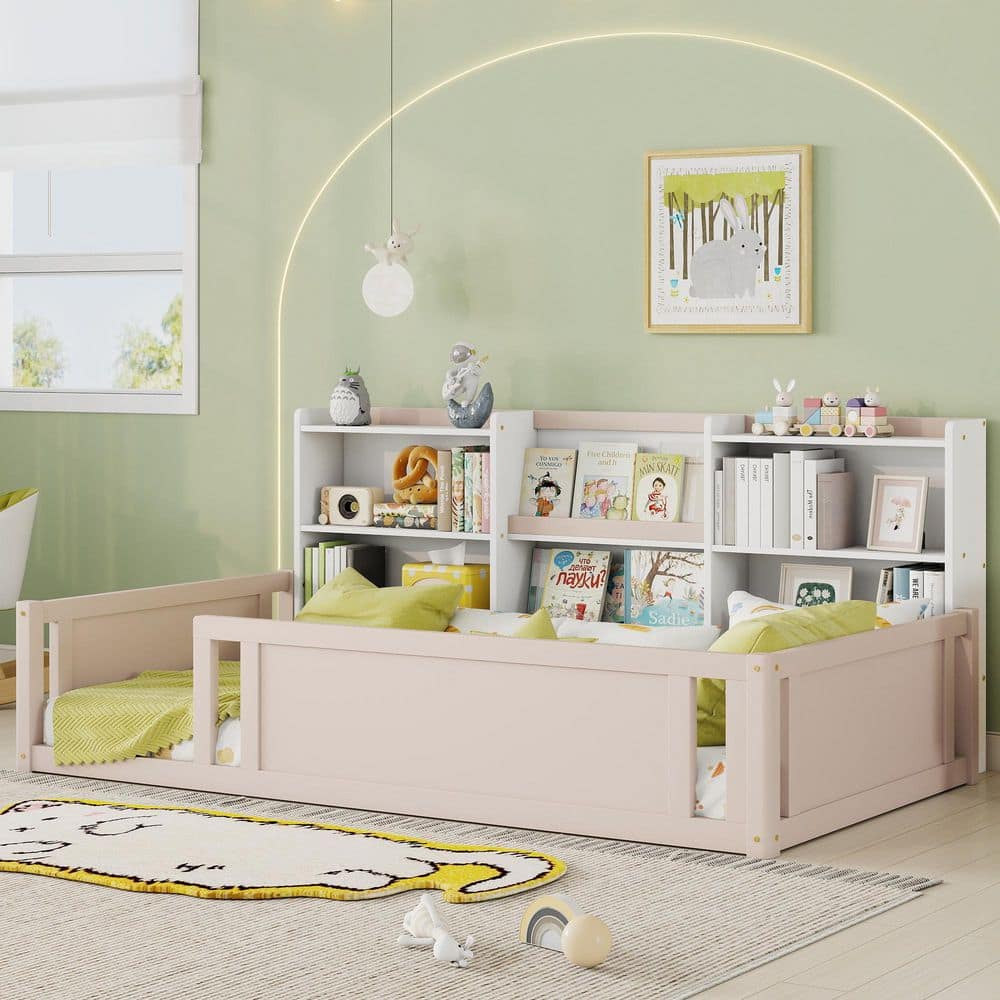 Modern Floor Bed Nude Pink Wooden Frame Twin Size Kids Platform Bed with Storage Bookcase and Guardrails