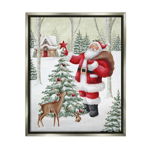 Stupell Industries Santa and Snowy Cabin by Emma Leach 1 Piece Floater Frame Graphic Print Nature Poster Art Print 21 in. x 17 in.