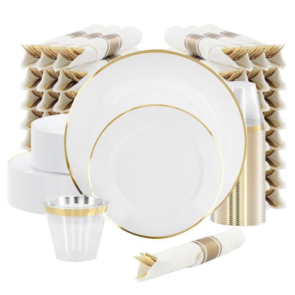 350 Piece Disposable Plastic Dinnerware Party Set for 50 Guests in White with Gold Trim