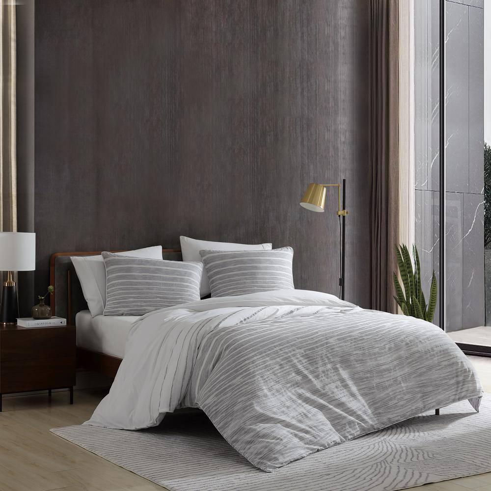 King Grey Cotton Abstract Stripe Duvet Cover Set