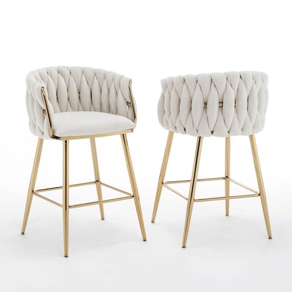 Fox Cream Boucle Teddy Fabric Counter Height Stool Set of 2 With Gold Chrome Plated Legs